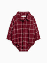 Roan Flannel Long Sleeve Collared Bodysuit - Pomegranate Plaid