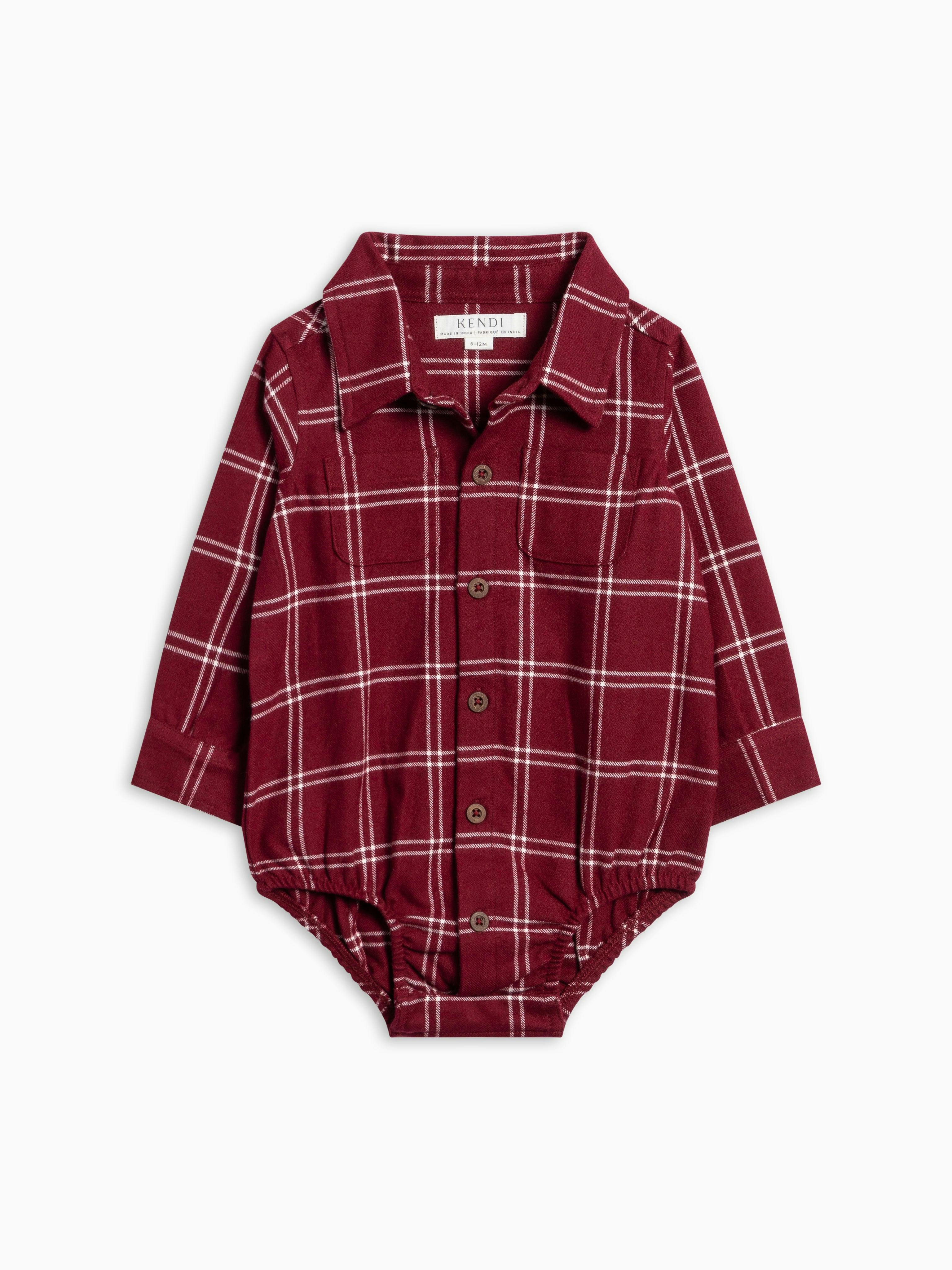Roan Flannel Long Sleeve Collared Bodysuit - Pomegranate Plaid