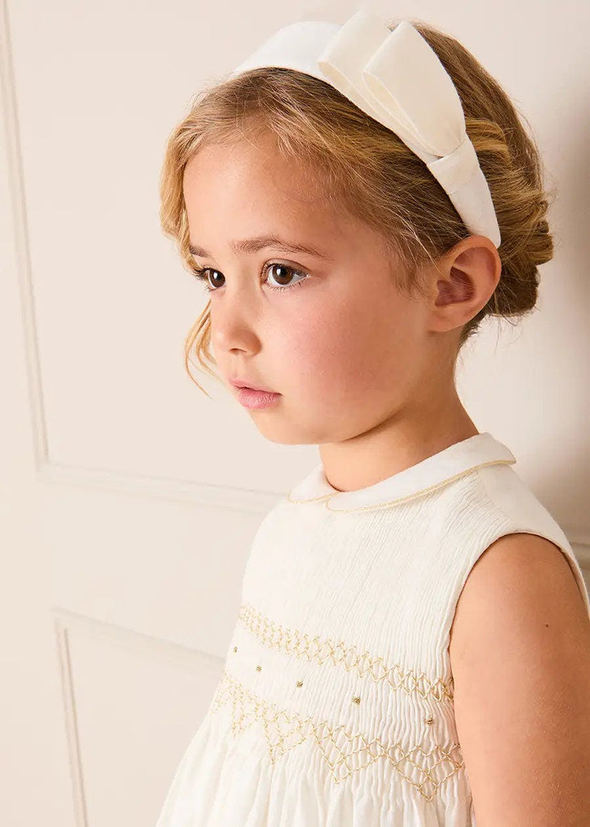 Hand Smocked Gold Embroidered Sleeveless Dress in Ivory (12mths- 10yrs)