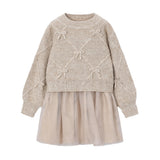 Beige Bow Knit Sweater Tulle Dress