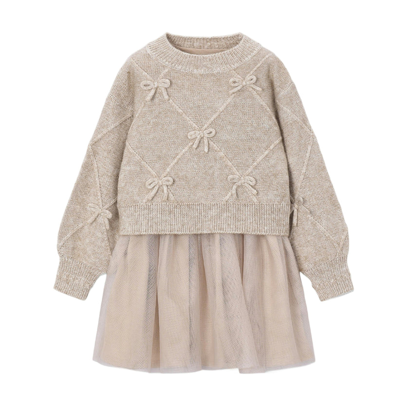 Beige Bow Knit Sweater Tulle Dress