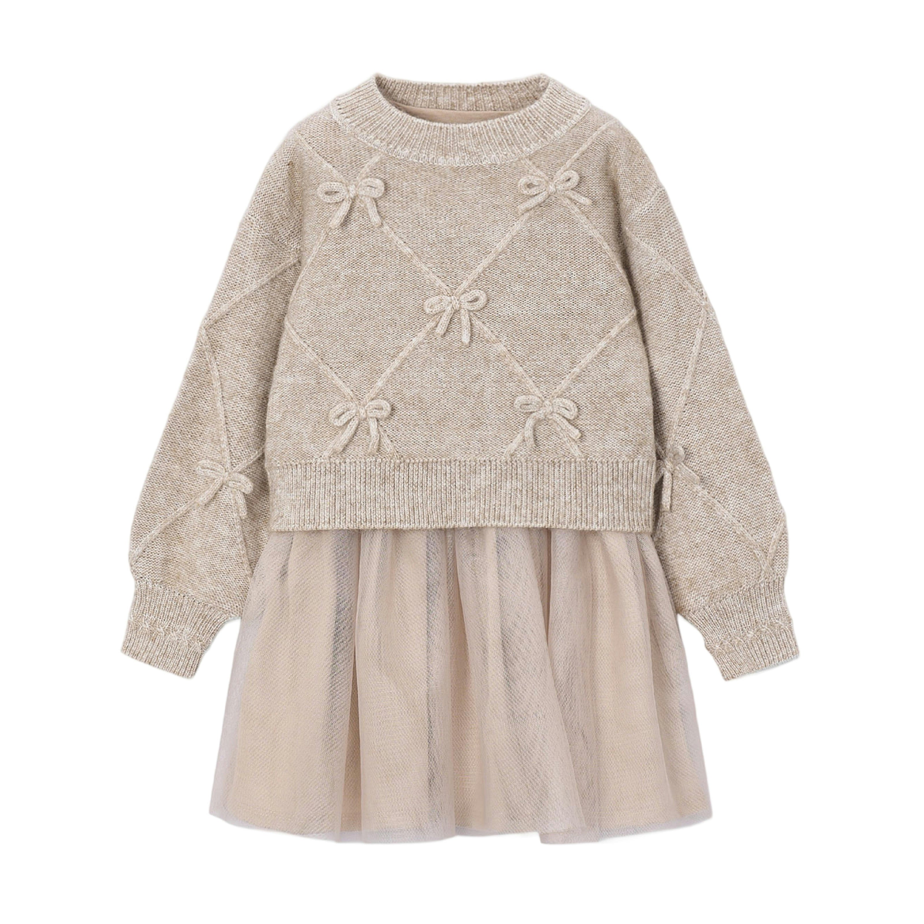 Beige Bow Knit Sweater Tulle Dress
