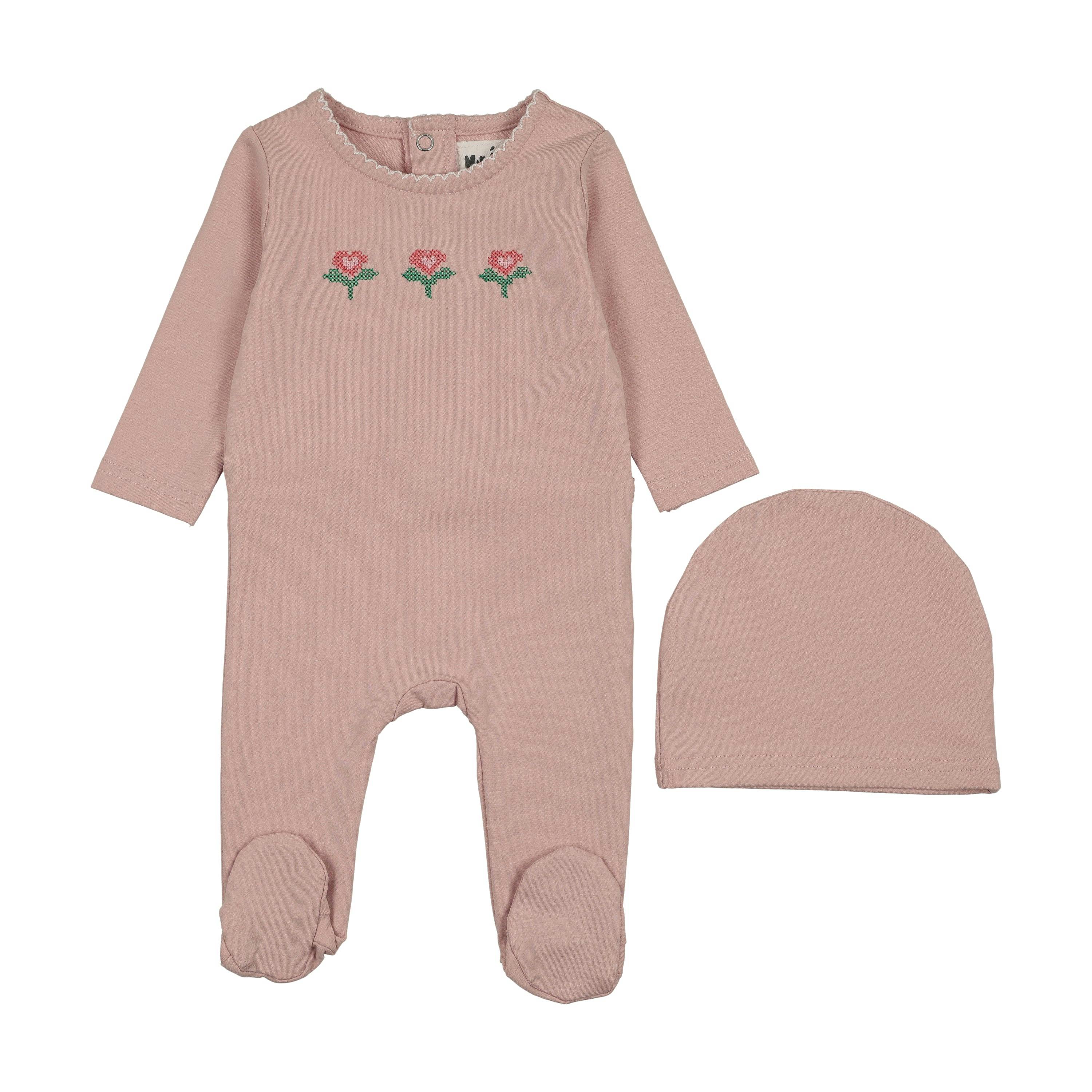 Embroidered Flower Footie, Pale Mauve