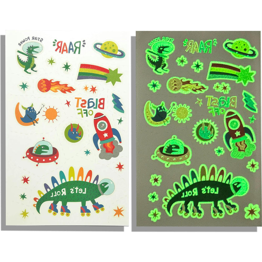 Tattoo-Palooza Glow in the Dark Temporary Tattoos - Zero Gravity Dinos - 3 Sheets