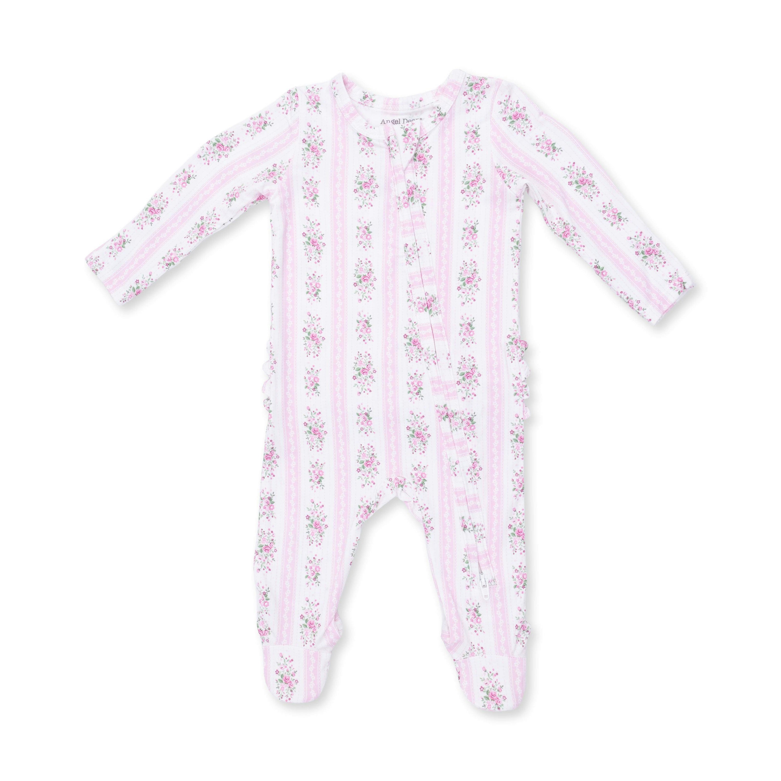 Bella Rose Stripe - 2 Way Ruffle Back Zipper Footie