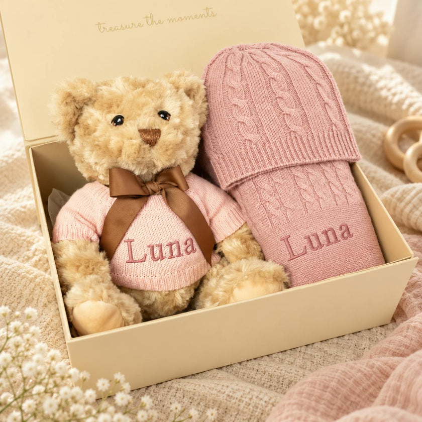 Peronalized Cashmere Baby Blanket and Teddy Gift Set