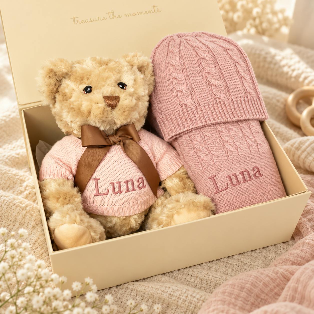 Peronalized Cashmere Baby Blanket and Teddy Gift Set