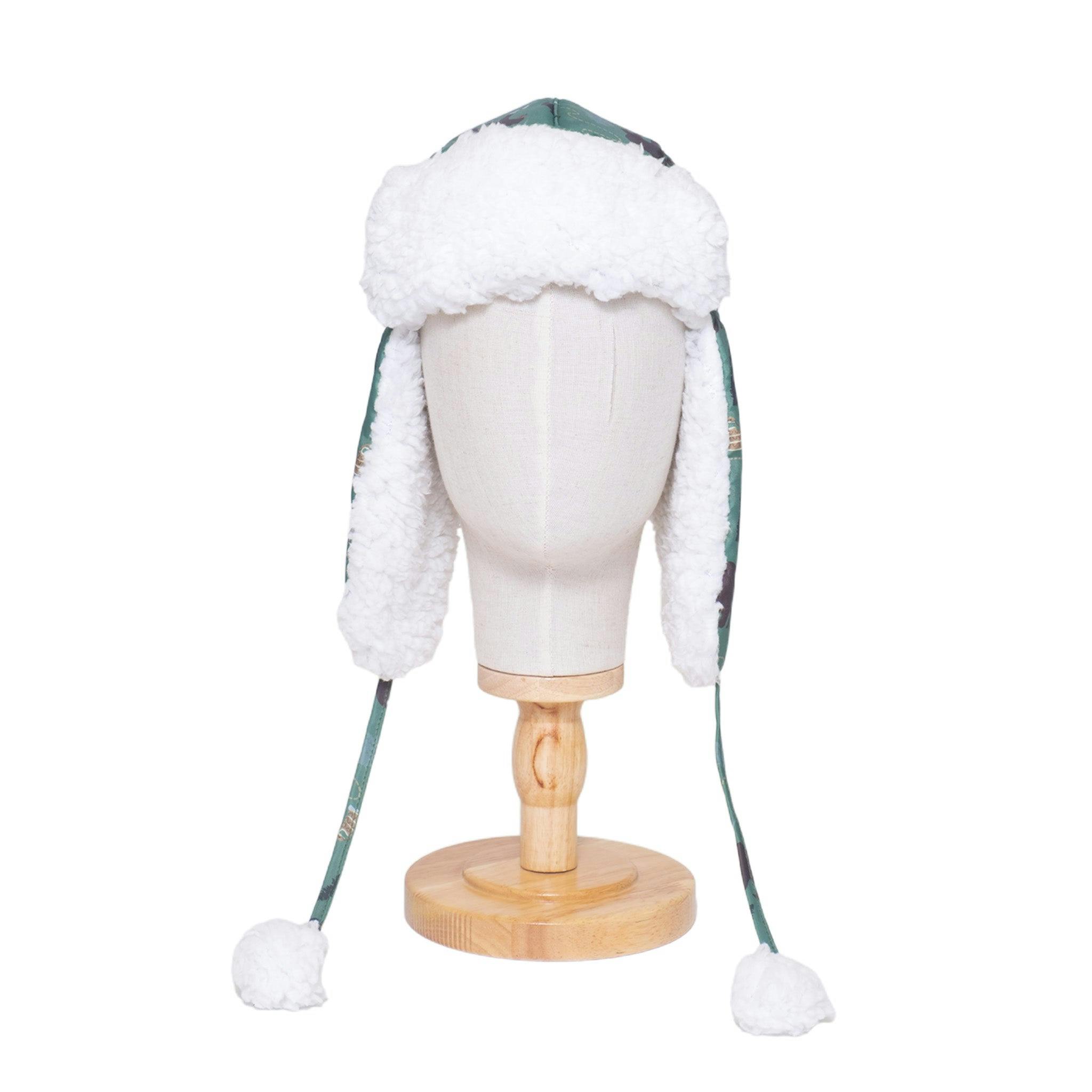 The Cozy Trapper Hat – Camping Trails Print with Coconut White Sherpa Liner & Pompoms