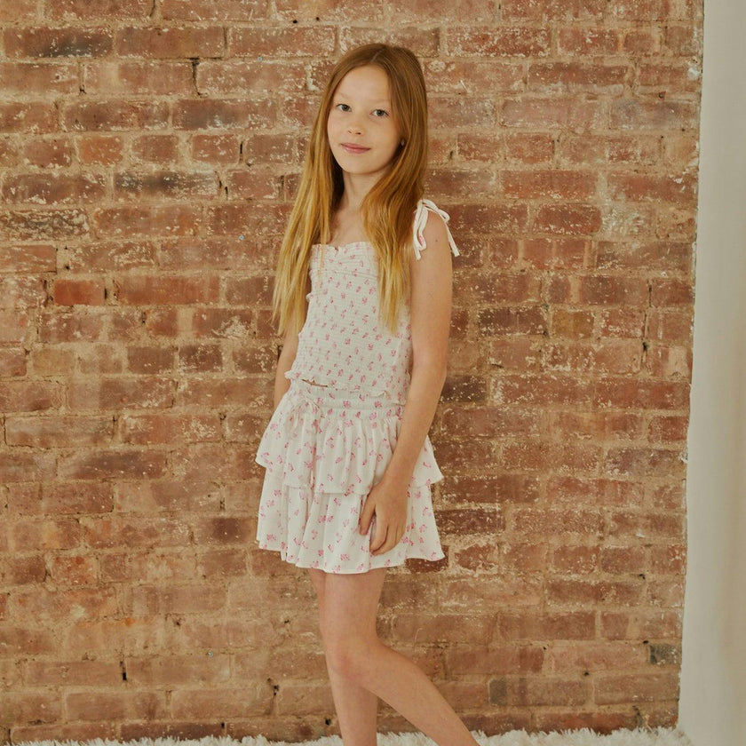 Georgia White With Pastel Pink Ditsy Satin Smocked Top