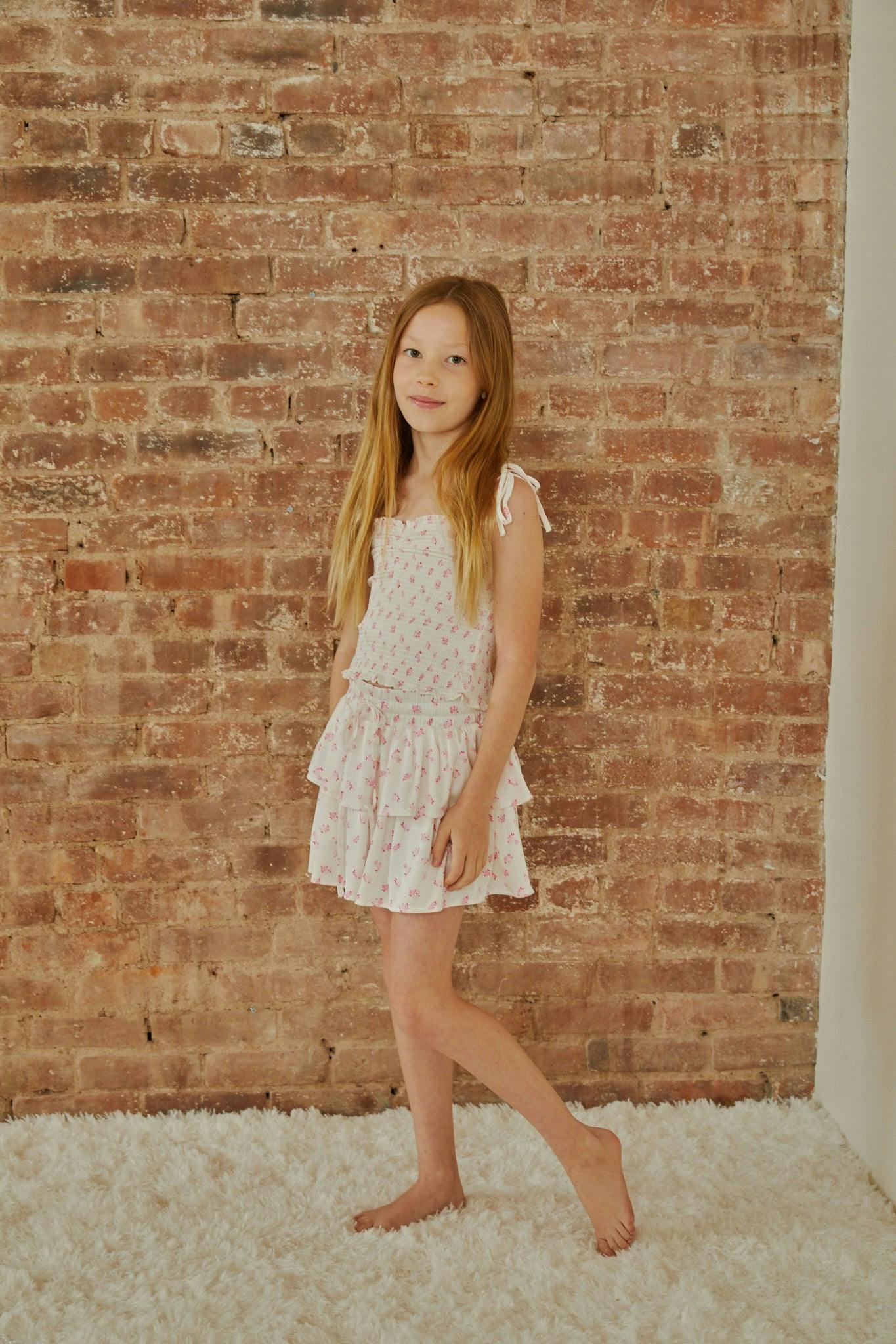 Georgia White With Pastel Pink Ditsy Satin Smocked Top