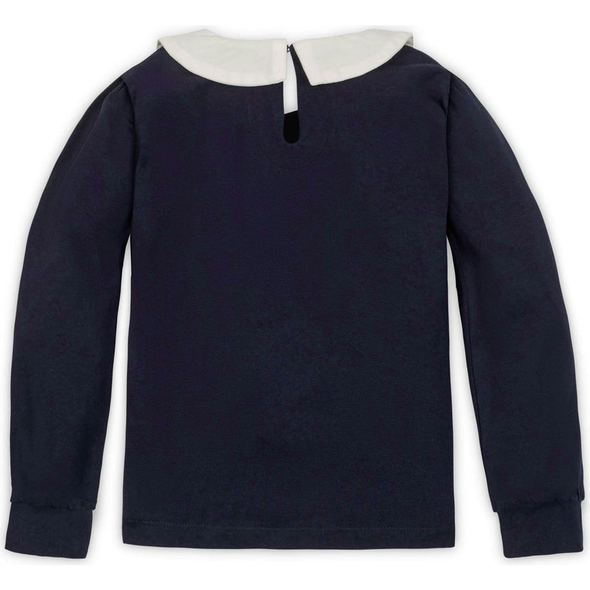 Organic Long Sleeve Knit Top with Woven Collar, Blue