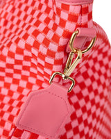 Packed Party Holiday Pink Checkered Oversized Weekender Duffel Bag – Woven Polyester with Gold Hardware, Adjustable Strap, and Lined Interior, 20.5x16x8 Inch