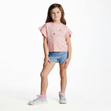 Girls Bow Hem Knit Denim Short | Blue Bow