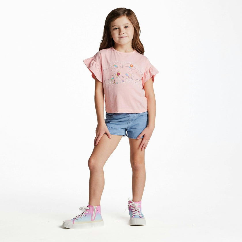 Girls Bow Hem Knit Denim Short | Blue Bow