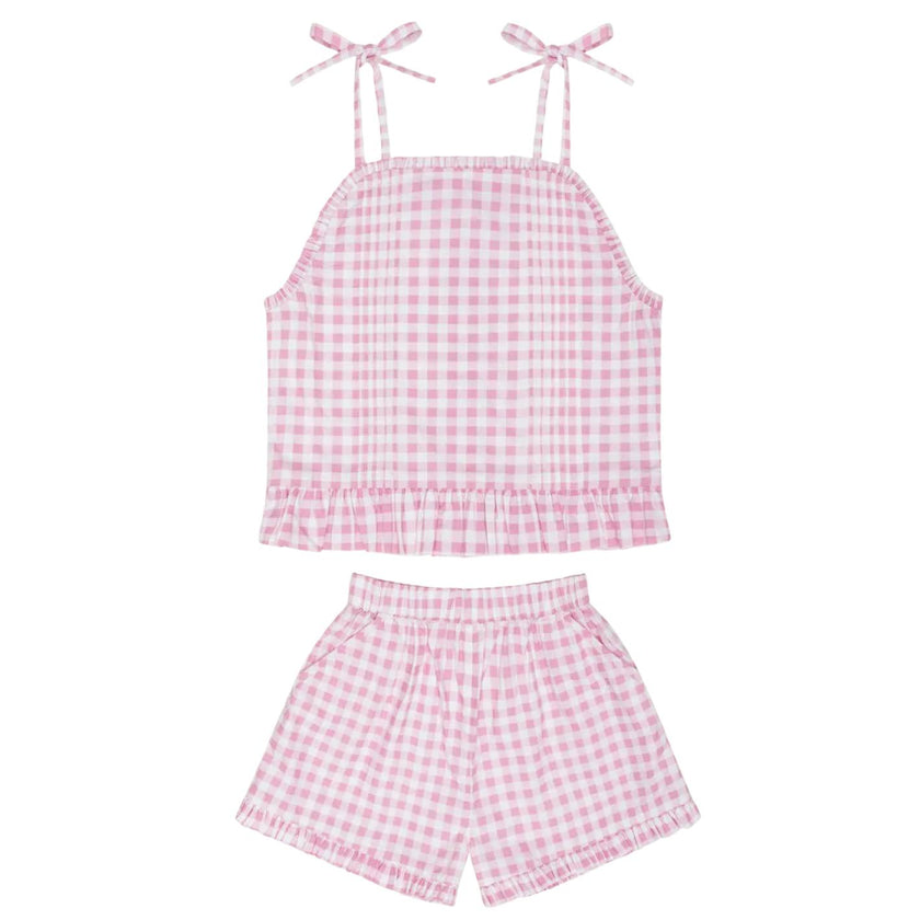 girls blush gingham tie tank and short set