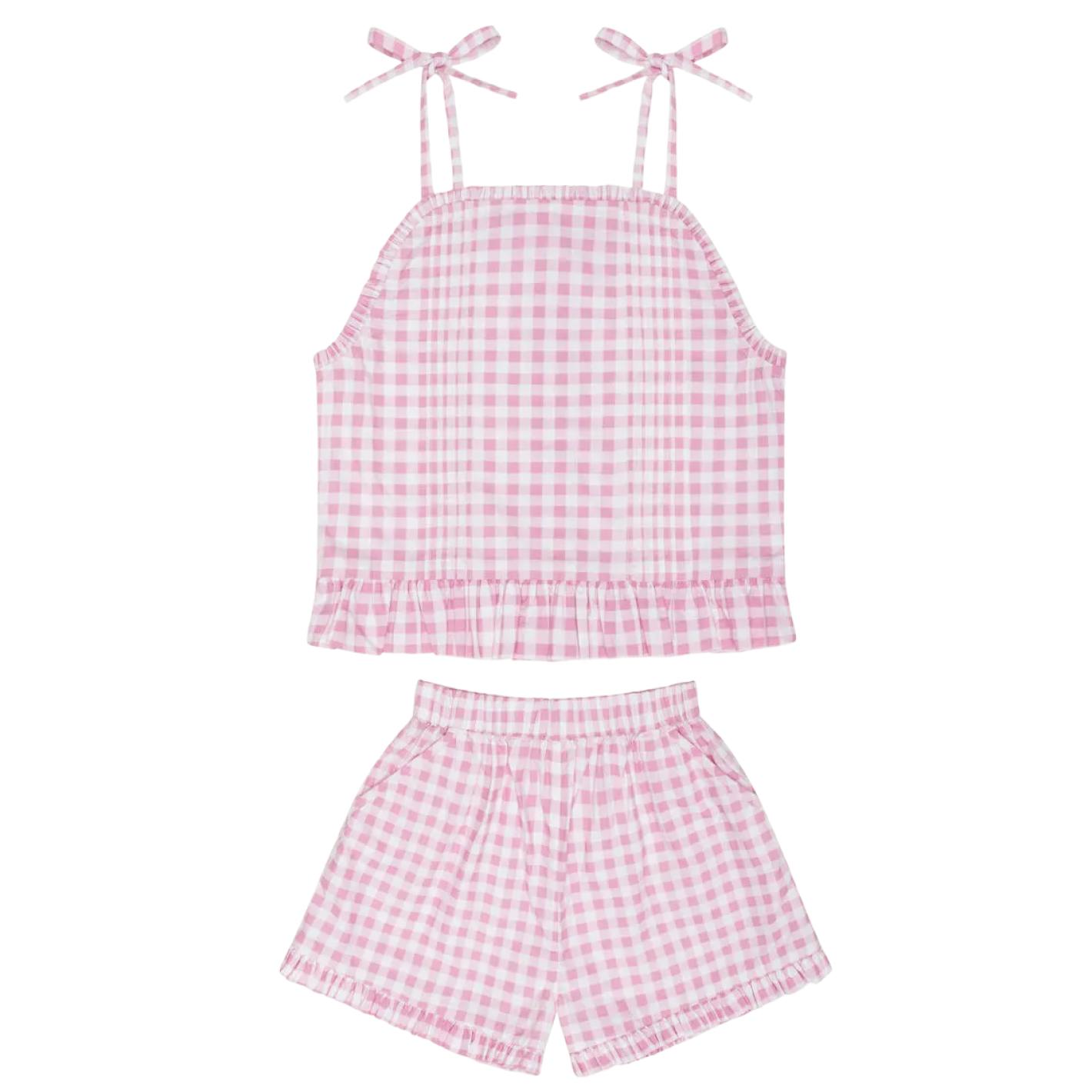 girls blush gingham tie tank and short set
