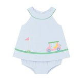 Check Seersucker Skirted Romper with Golf Cart