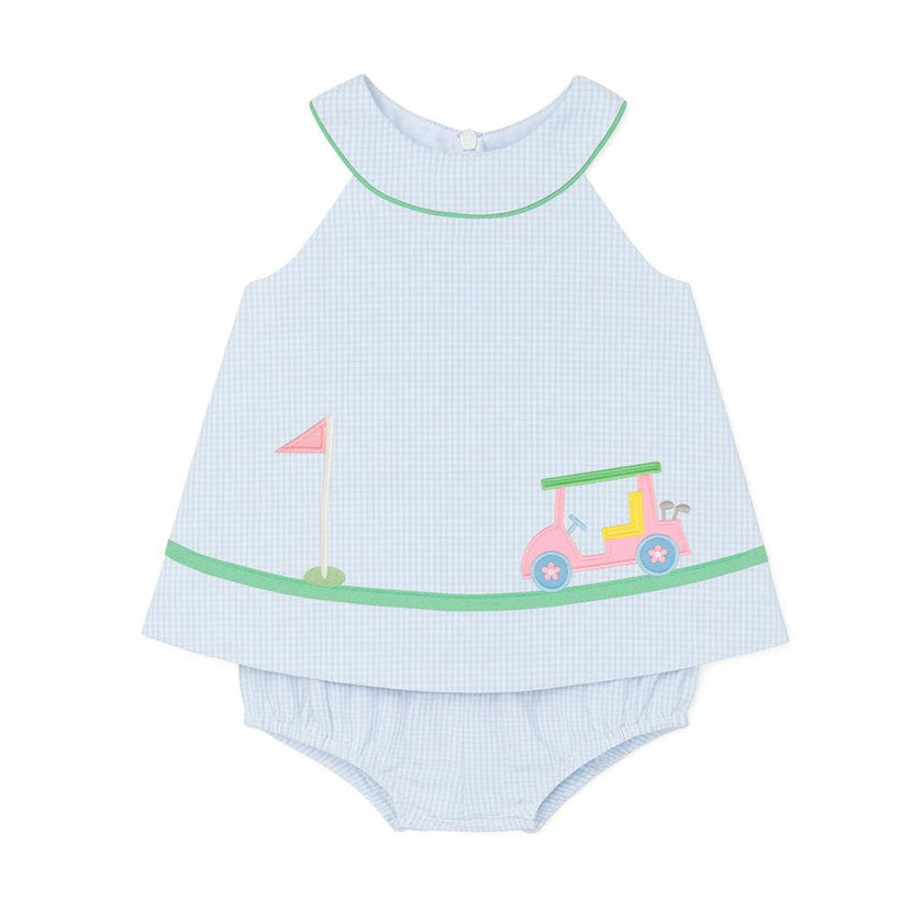 Check Seersucker Skirted Romper with Golf Cart