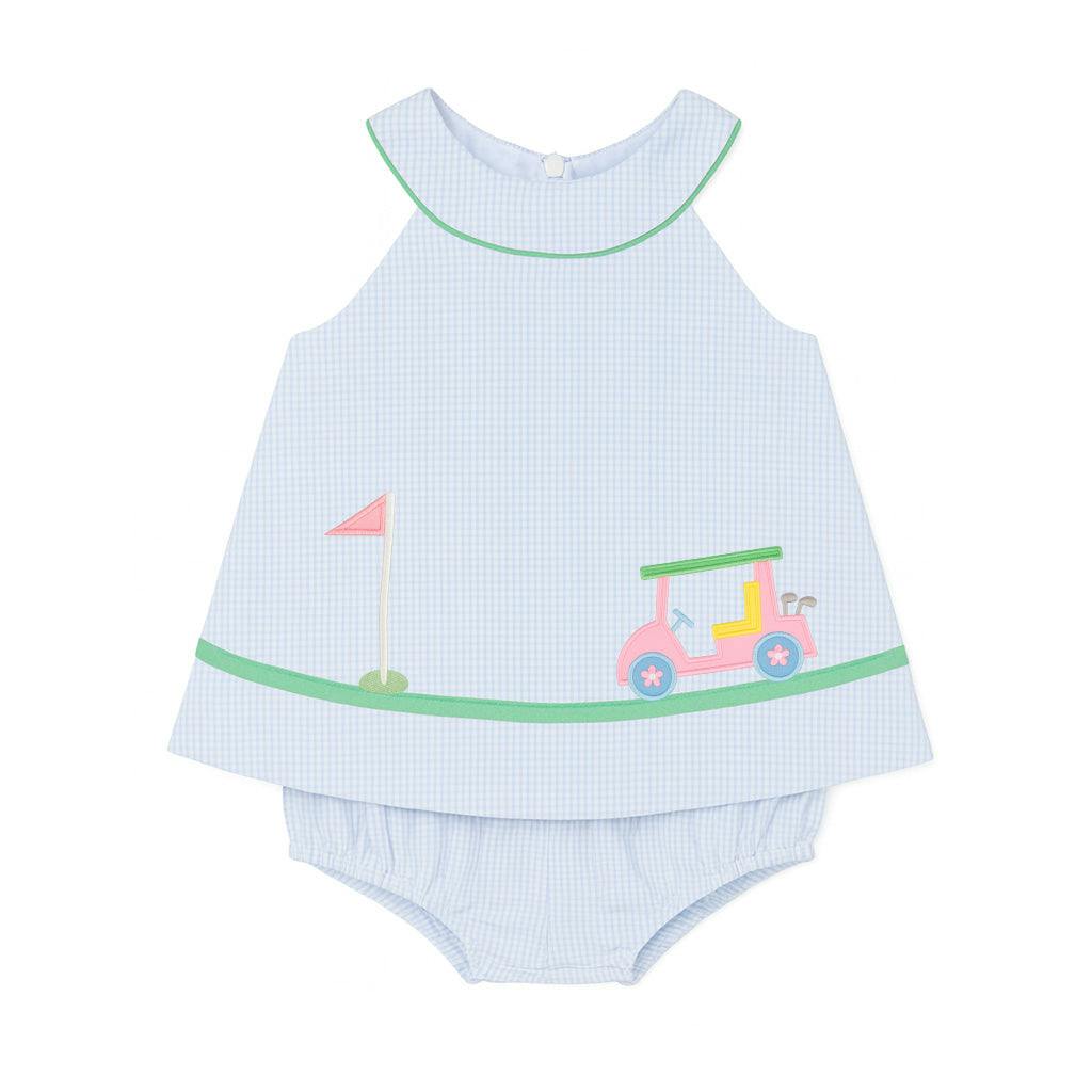 Check Seersucker Skirted Romper with Golf Cart