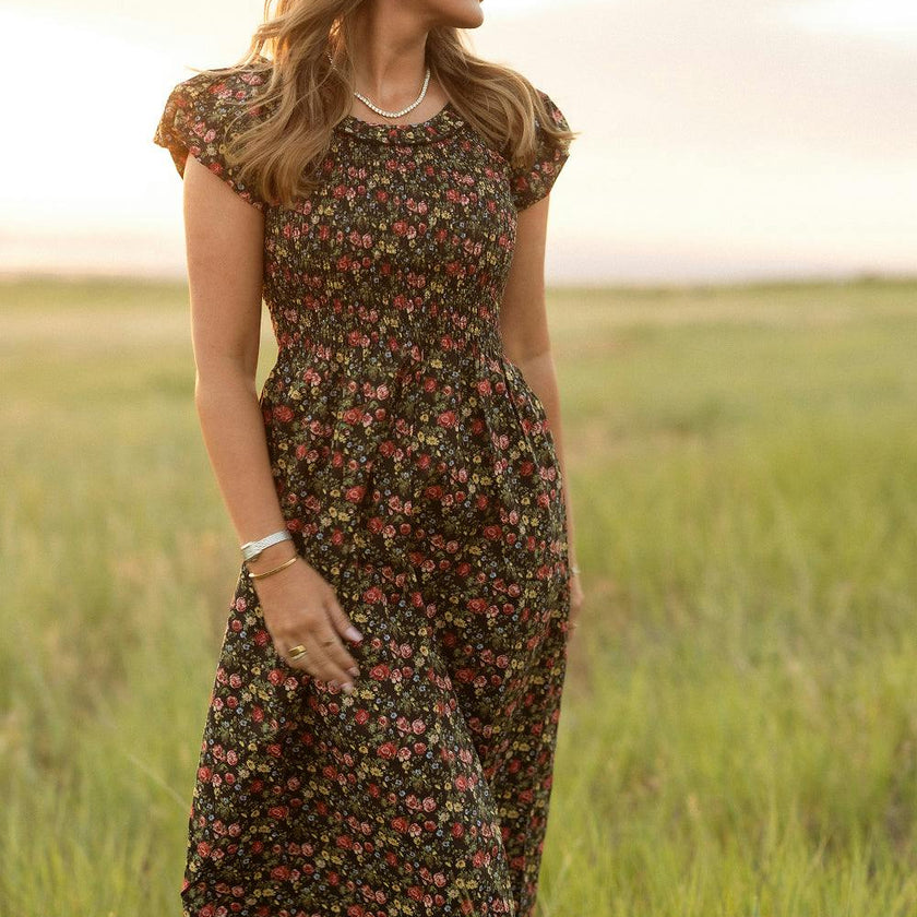 Annalise Dress in Obsidian Vintage Poppies