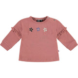 Embroidered Flowers Long Sleeve Ruffle Arm T-Shirt