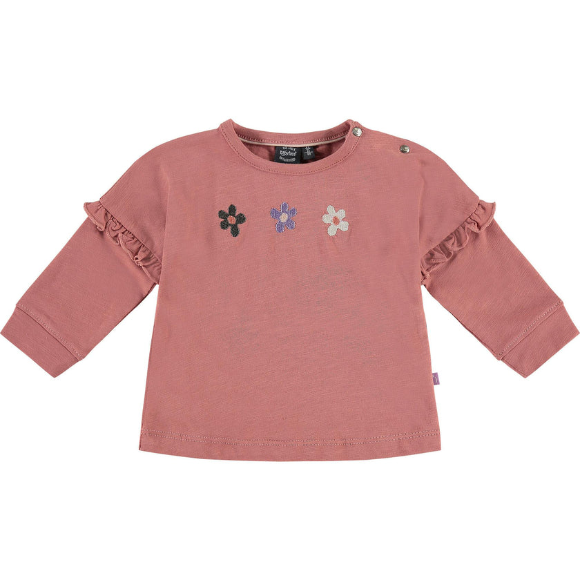 Embroidered Flowers Long Sleeve Ruffle Arm T-Shirt