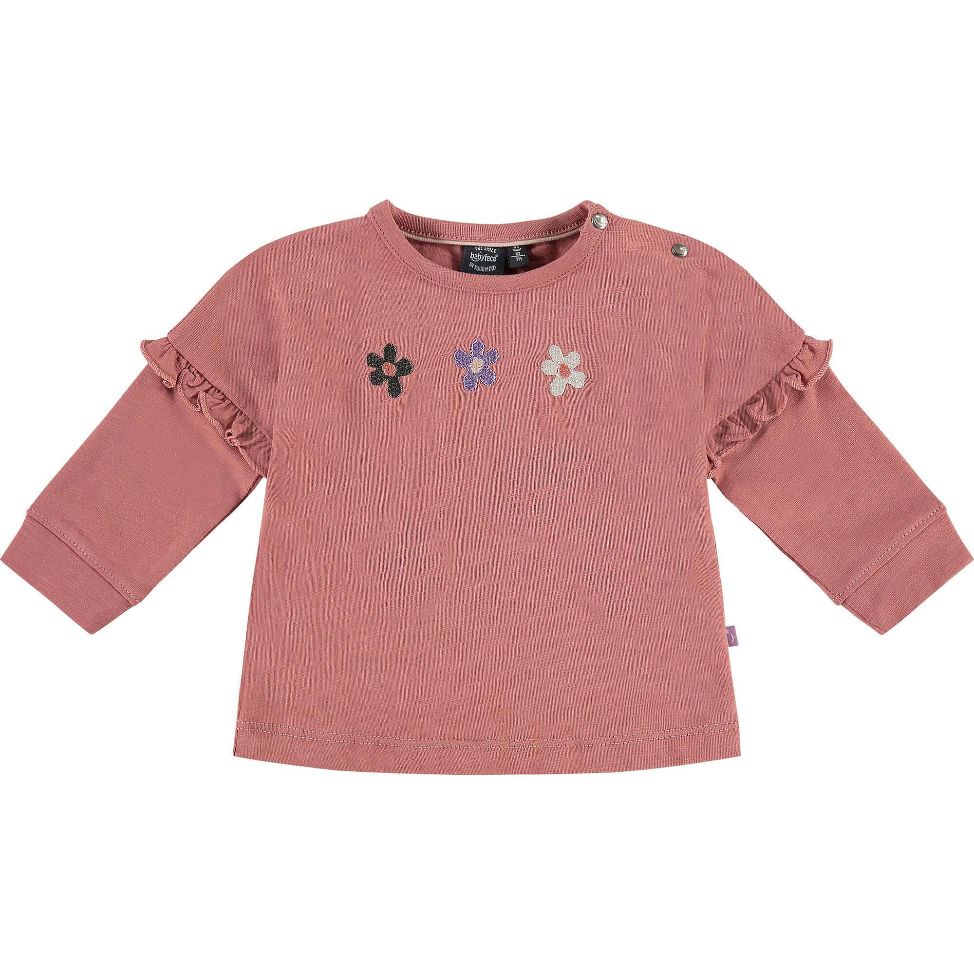 Embroidered Flowers Long Sleeve Ruffle Arm T-Shirt