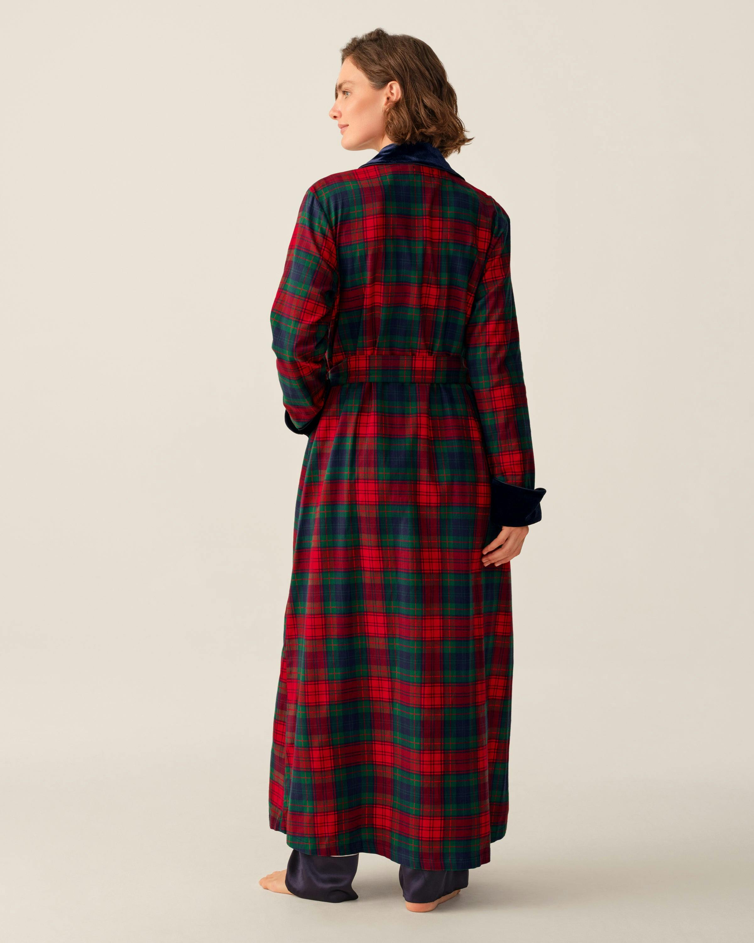 Women's Brushed Twill Velvet Trim Robe in St. James Tartan