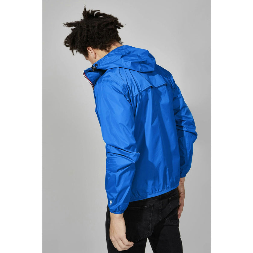 Navy full zip packable rain jacket and windbreaker