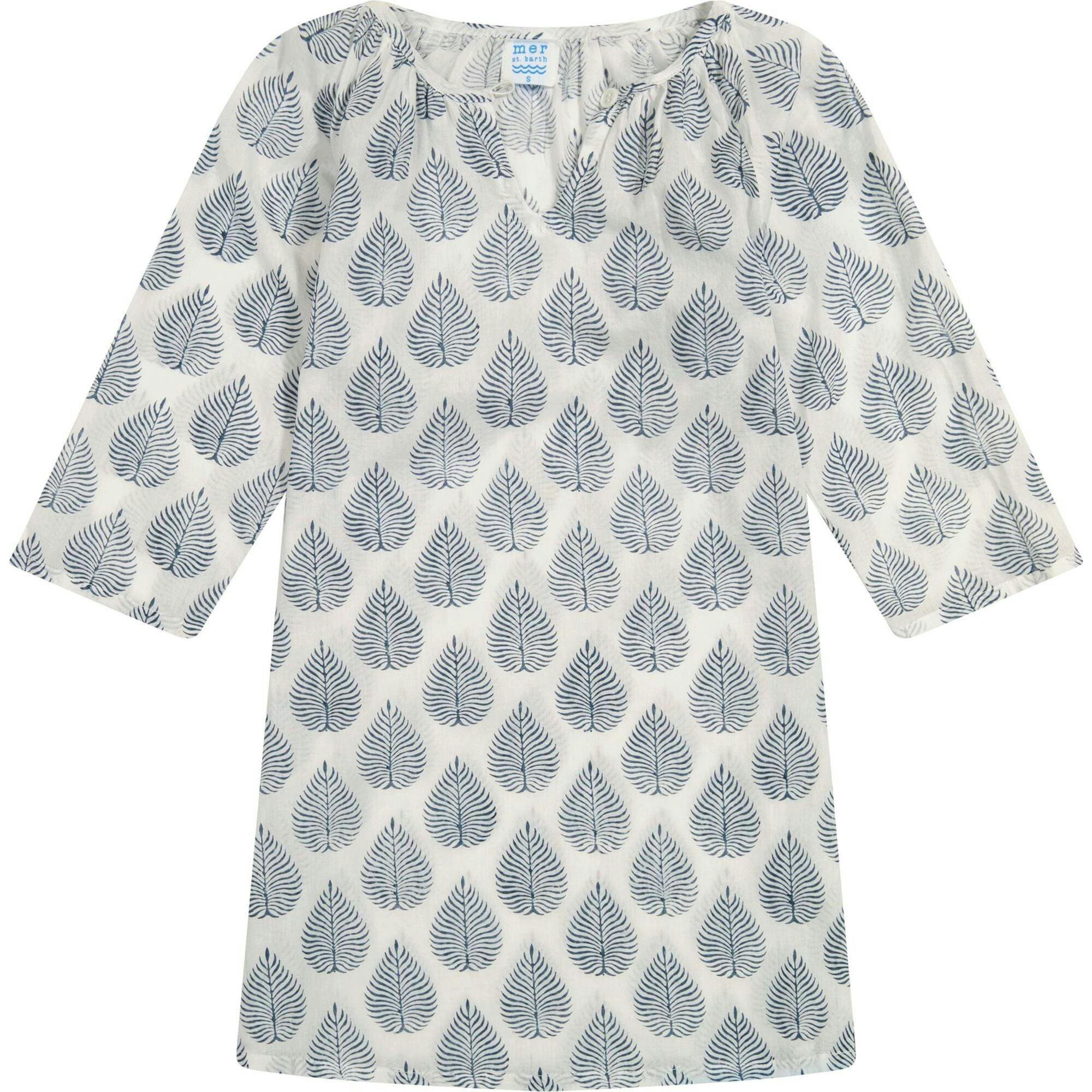 Leafy Block Print Full Sleeve Caftan, Navy