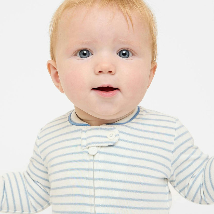 Ziggy Zip Romper, Dusty Blue Mini Stripe