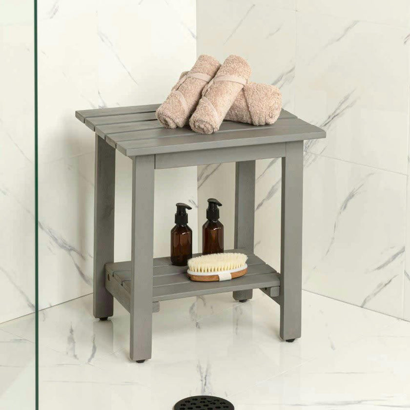 Kellie 16.1" Cottage Classic Slatted Solid Acacia Wood Indoor/Outdoor Shower Bench with Shelf