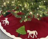 Handmade Dogs and Horses Red Christmas Tree Skirt Hand Felted Wool 60"