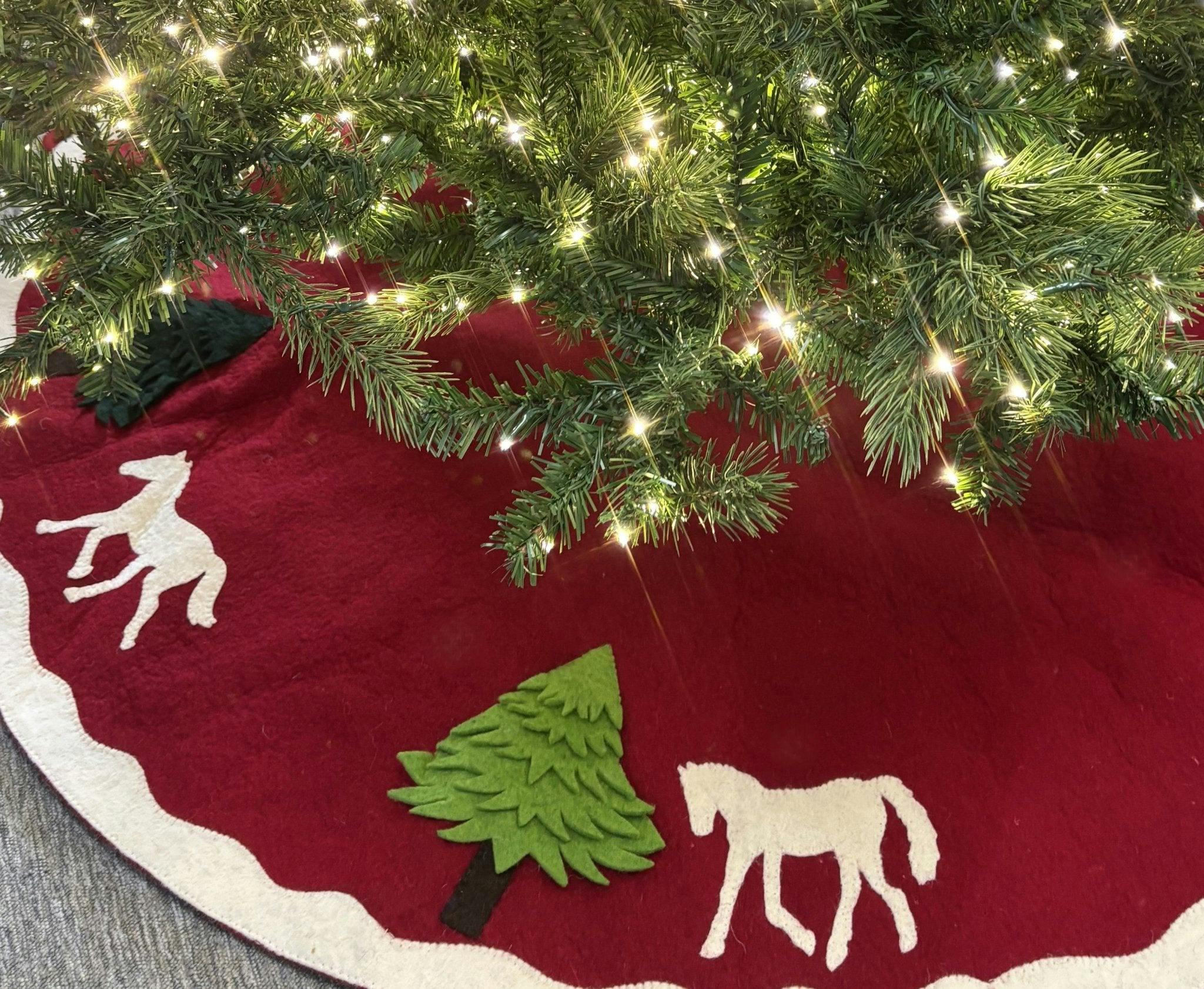 Handmade Dogs and Horses Red Christmas Tree Skirt Hand Felted Wool 60
