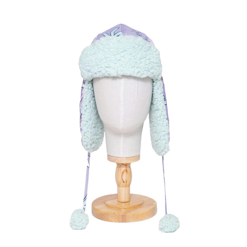 The Cozy Trapper Hat – Bows Print with Pale Aqua Sherpa Liner & Pompoms