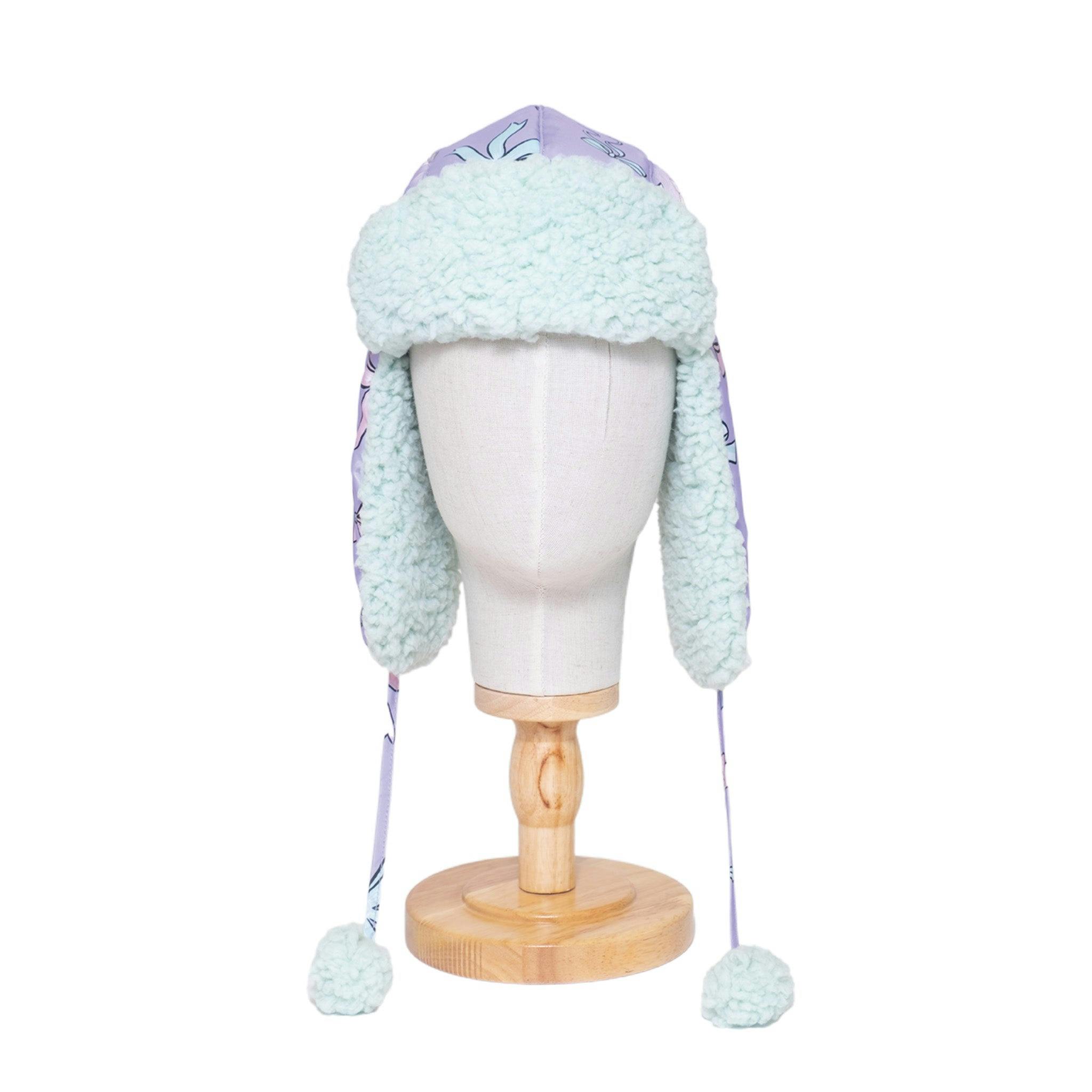 The Cozy Trapper Hat – Bows Print with Pale Aqua Sherpa Liner & Pompoms