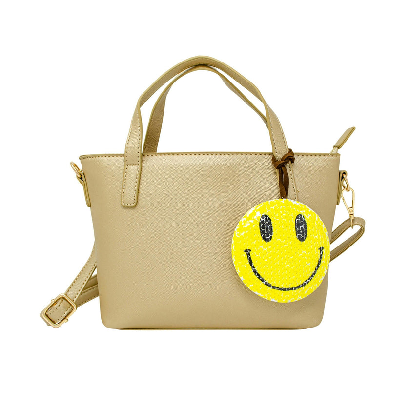 Faux Leather Tote Shoulder Strap Handbag With Sequins Happy Face Charm