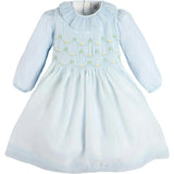 Daisy Embroidered Hand Smocked Long Sleeve Dress in Blue (18mths-8yrs)