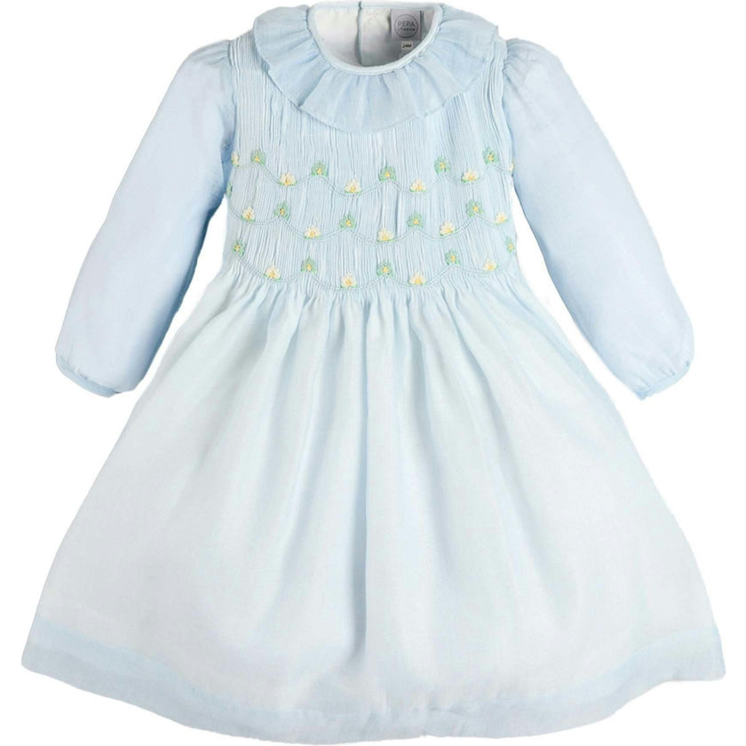 Daisy Embroidered Hand Smocked Long Sleeve Dress in Blue (18mths-8yrs)