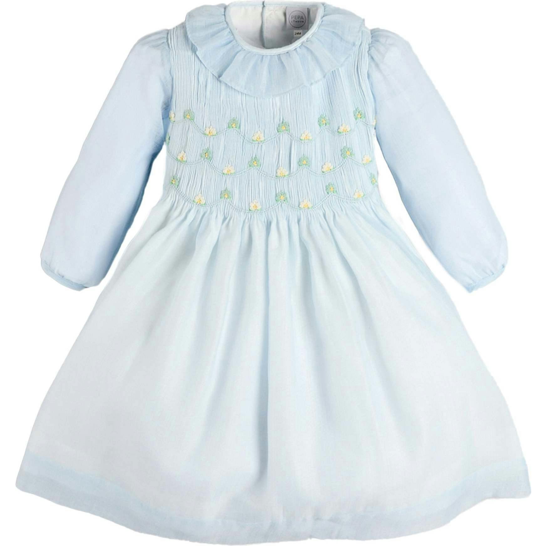 Daisy Embroidered Hand Smocked Long Sleeve Dress in Blue (18mths-8yrs)
