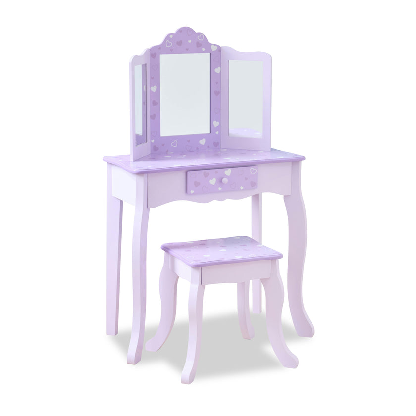 Hearts Gisele Wood Vanity with Tri-Fold Mirror & Drawer, Purple