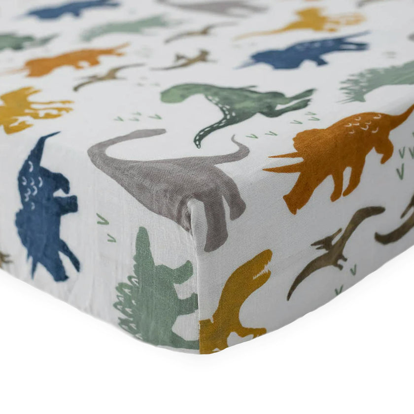 Cotton Muslin Crib Sheet - Dino Friends