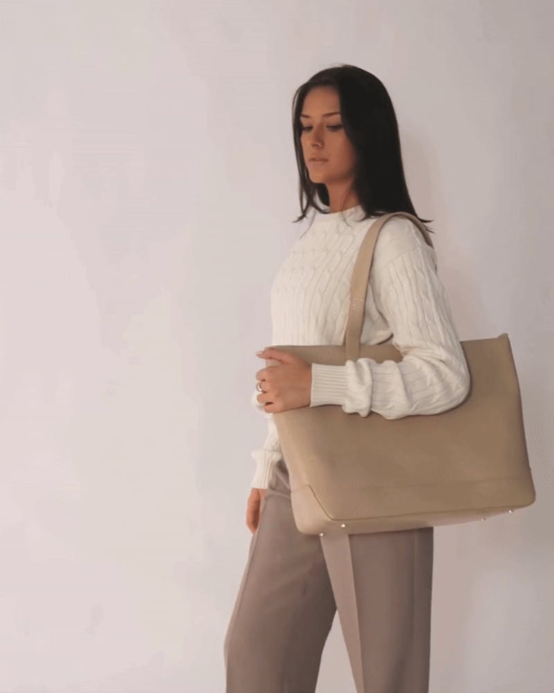 Vegan Leather Work Tote Bag with Removable Insulated Pouch, Cream Croc