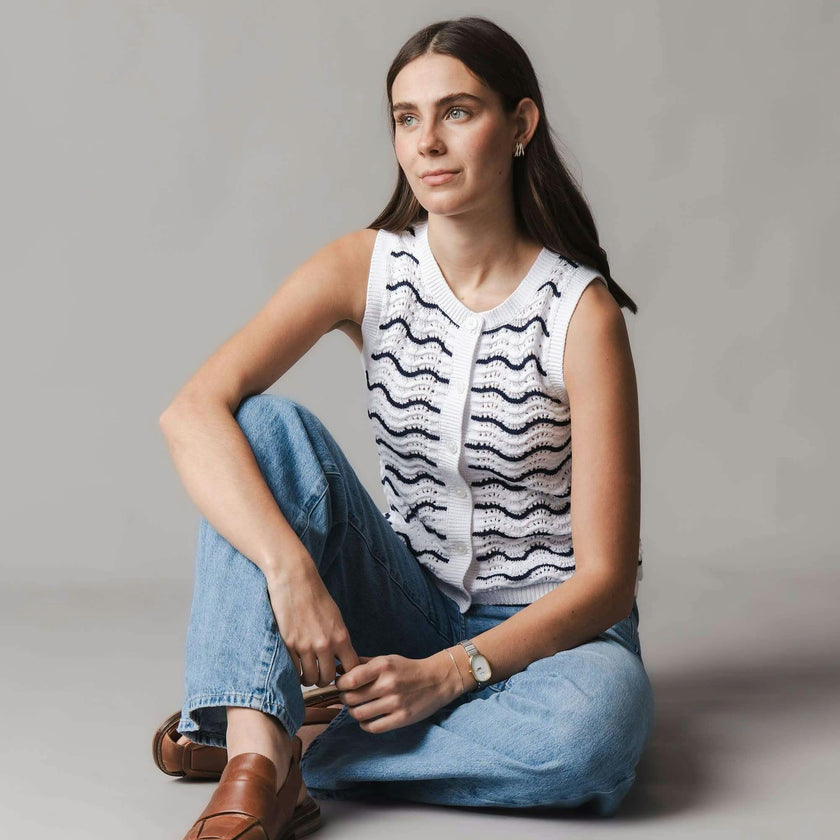 Organic Button Front Sweater Tank, White