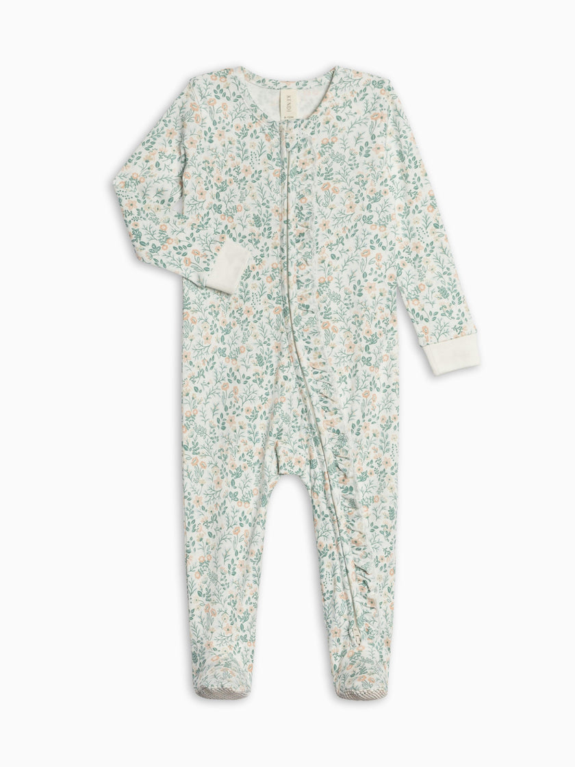 Neve Ruffle Zipper Footed Romper - Merion Floral / Laguna + Shell