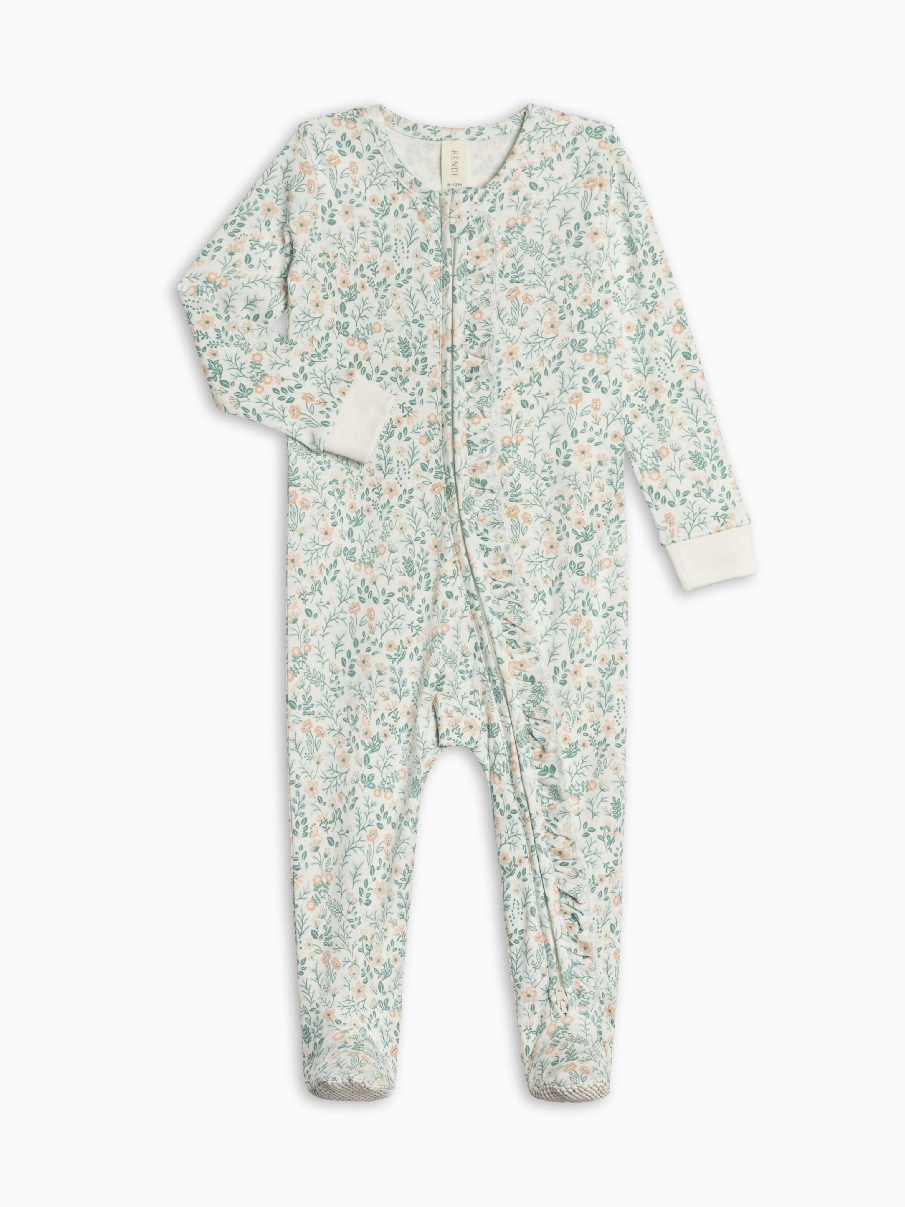 Neve Ruffle Zipper Footed Romper - Merion Floral / Laguna + Shell