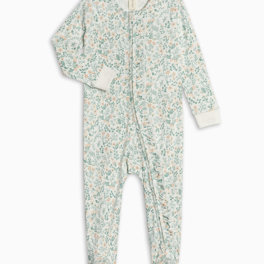 Neve Ruffle Zipper Footed Romper - Merion Floral / Laguna + Shell