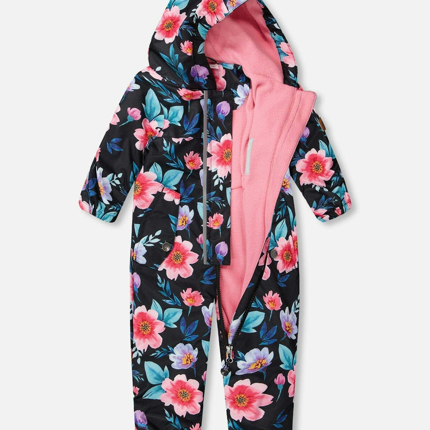 Baby Mid-Season One-Piece Outerwear With Hat Black Printed Flowers
