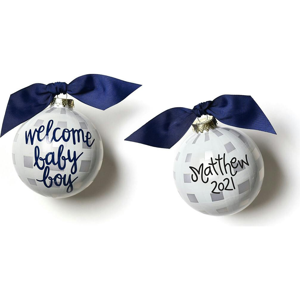 Welcome Baby Boy Gingham Glass Ornament