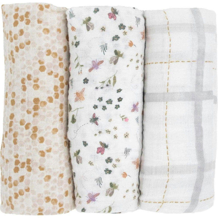 Cotton Muslin Swaddle Blanket 3 Pack - Garden Bees